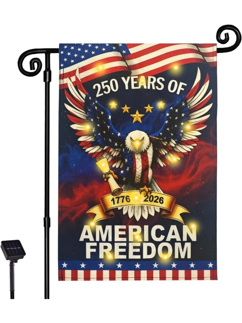 Solar LED 250th Anniversary Garden Flag - Double-Sided Patriotic Decor for July